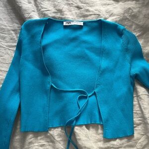 Blue tie front crop top sweater